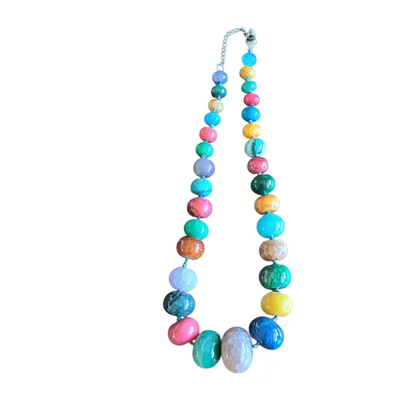 Vintage LUC 925 Sterling Silver Hardware Polished Stone Beaded Necklace - Picture 2 of 12